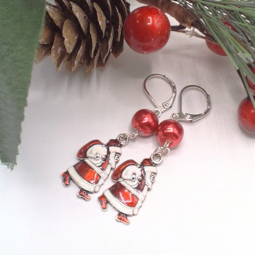 Red Glass Pearl Bead with an Enamelled Santa Charm Earrings, Secret Santa