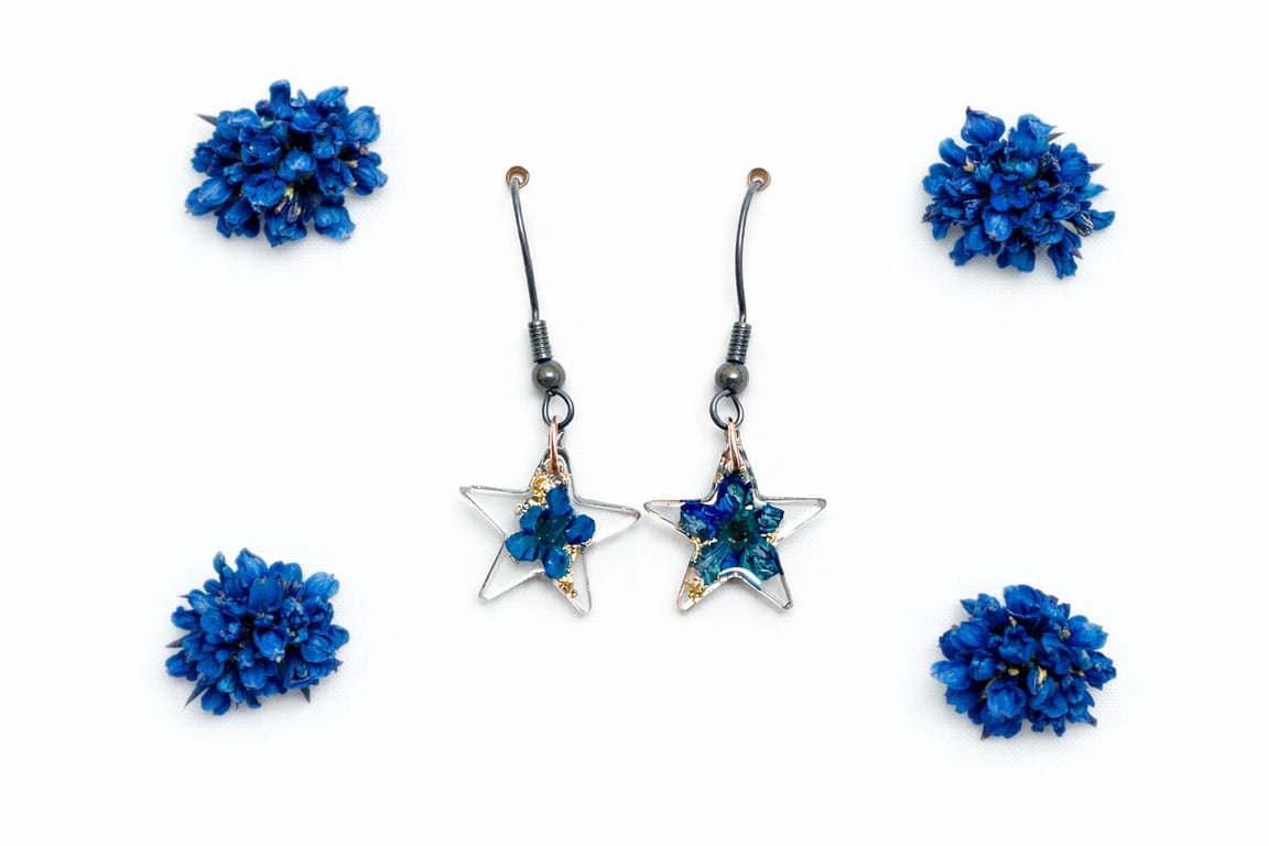 Small Blue Flower Star Resin Dangle Earrings with Gold Leaf