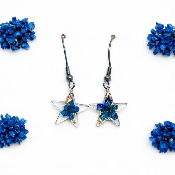 Small Blue Flower Star Resin Dangle Earrings with Gold Leaf