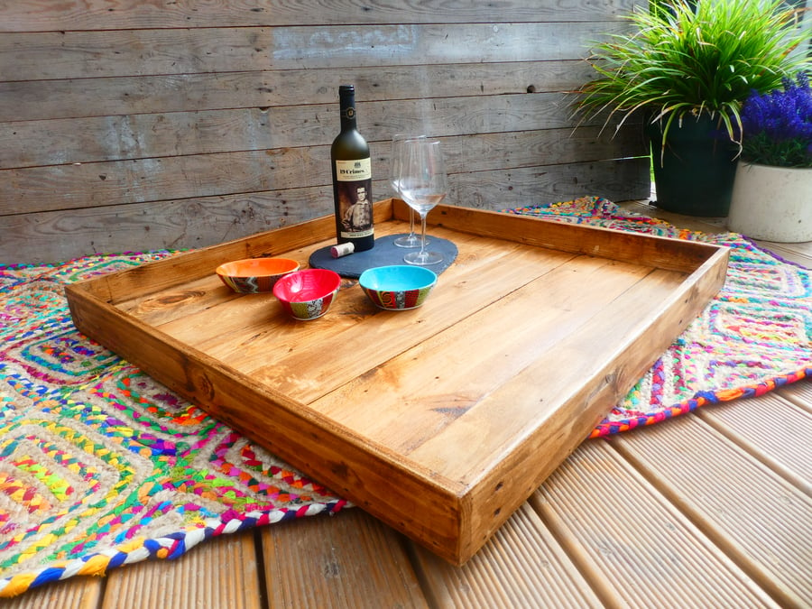Shallow Rustic Reclaimed Wooden Serving Tray & Ottoman Tray