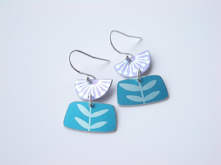 Purple and teal folk art flower earrings 