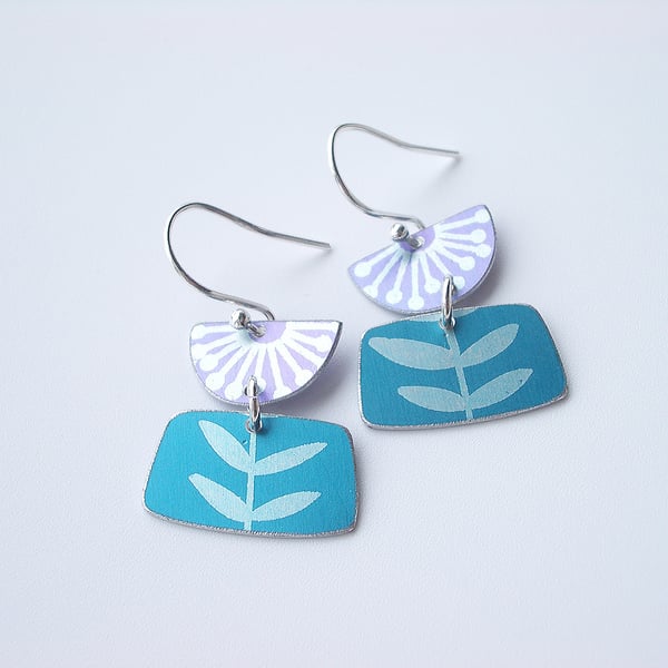 Purple and teal folk art flower earrings 