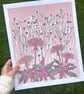 Dandelion Field Wall Art in Dusty Pink and Green, Limited Edition Screen Print - Image 3