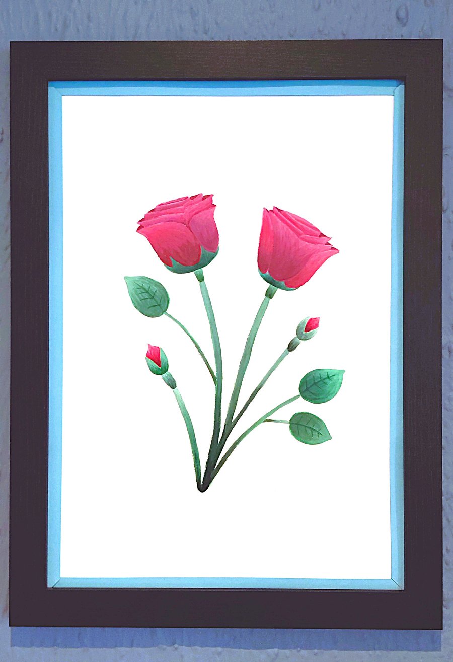 Genuine Made in UK Framed A3 Print Red Roses Stylish Light Blue Border Wallart