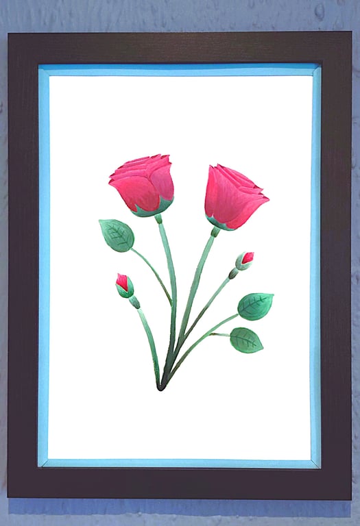 Genuine Made in UK Framed A3 Print Red Roses Stylish Light Blue Border Wallart