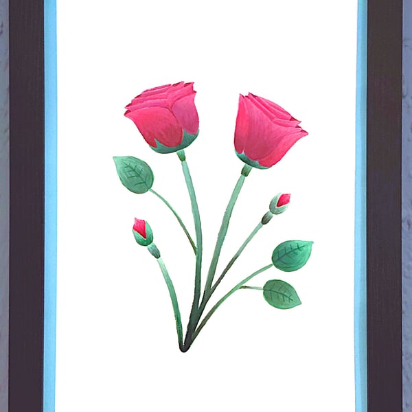 Genuine Made in UK Framed A3 Print Red Roses Stylish Light Blue Border Wallart