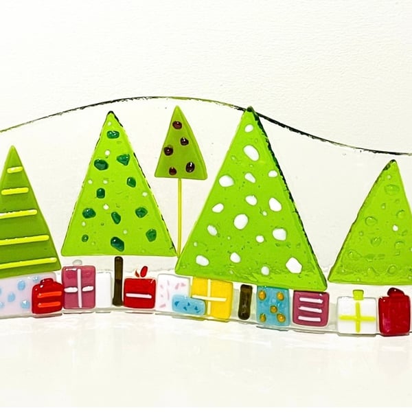 Fused Glass Christmas Tree Wave Ornament & Candle Cover - Made to order
