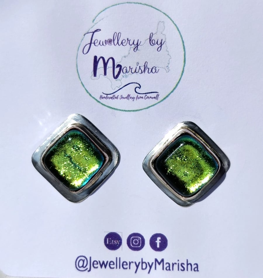 Dichroic Glass Stud Earrings Yellow Green Recycled Sterling Silver 925