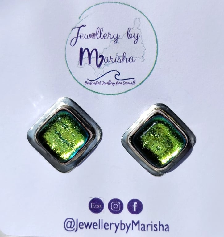 Dichroic Glass Stud Earrings Yellow Green Recycled Sterling Silver 925