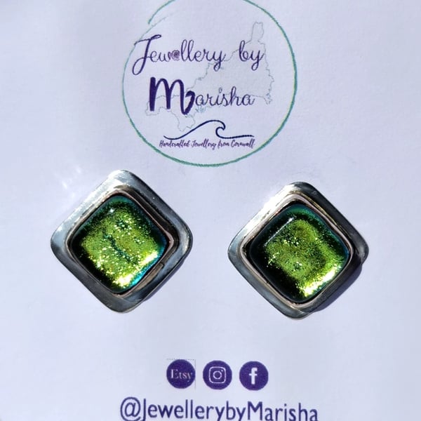 Dichroic Glass Stud Earrings Yellow Green Recycled Sterling Silver 925