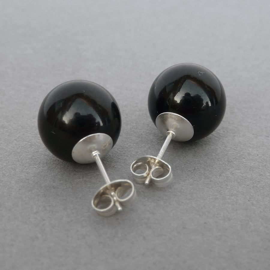 Chunky 12mm Black Glass Stud Earrings - Large Jet Black Studs - Jewellery Gifts