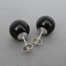 Chunky 12mm Black Glass Stud Earrings - Large Jet Black Studs - Jewellery Gifts
