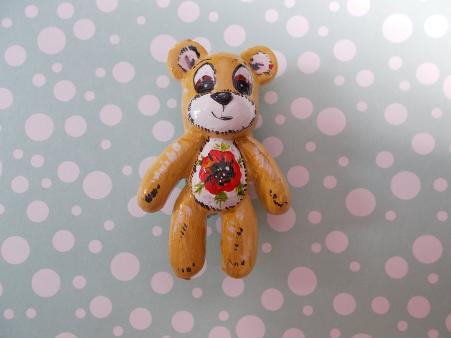 Cute TEDDY BEAR POPPY BROOCH 3D Floral Animal Wedding Corsage Pin HAND PAINTED
