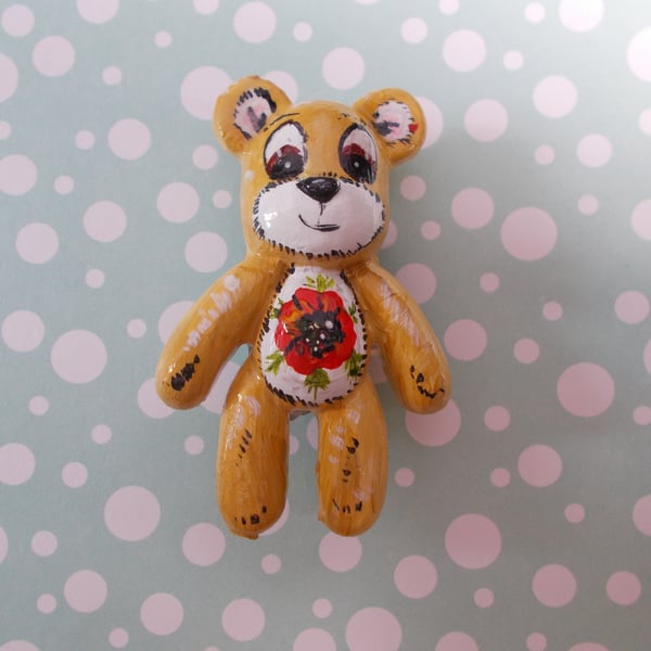 Cute TEDDY BEAR POPPY BROOCH 3D Floral Animal Wedding Corsage Pin HAND PAINTED