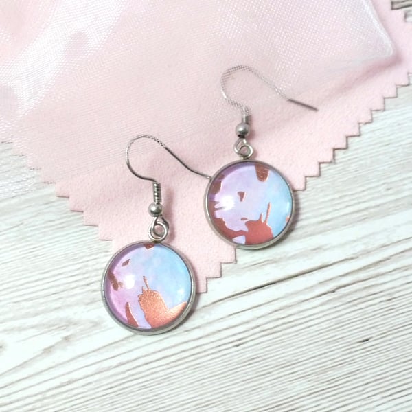 OOAK dangle earrings in blue and pink with rose gold foil, limited edition