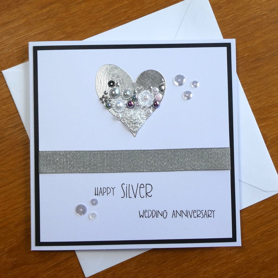 Embellished Heart Silver Wedding Anniversary Card - 25th Anniversary