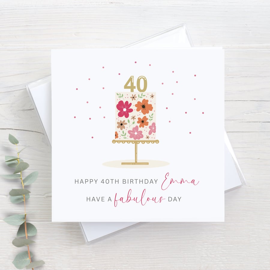 Personalised 40th birthday card - hand drawn floral cake illustration