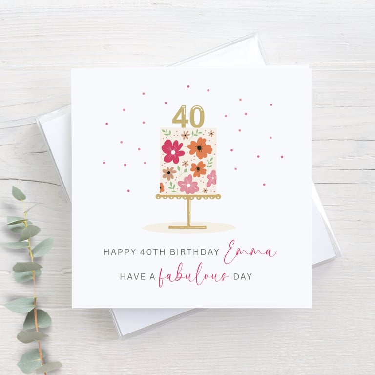 Personalised 40th birthday card - hand drawn floral cake illustration