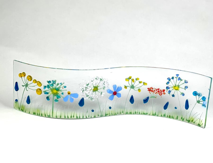  SECONDS SUNDAY-fused glass wave ornament with meadow flowers
