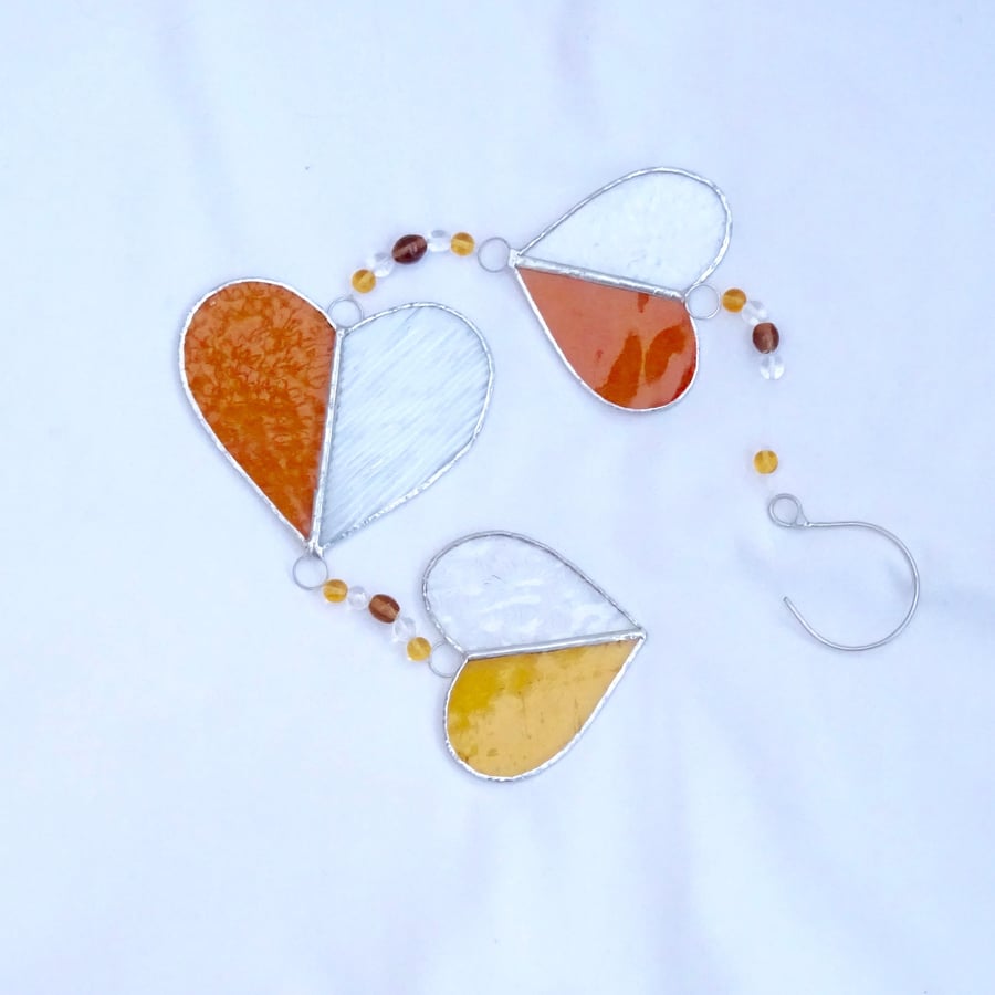 Stained Glass Hearts Suncatcher - Handmade Hanging Decoration - Amber and Clear