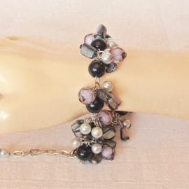 Black & Ice Blue Glass Pearls, Smoky Beads & Mother of Pearl Cluster Bracelet