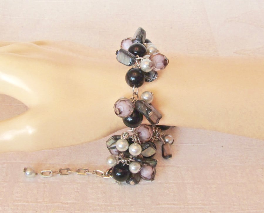 Black & Ice Blue Glass Pearls, Smoky Beads & Mother of Pearl Cluster Bracelet