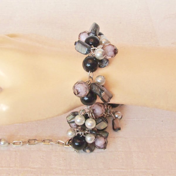 Black & Ice Blue Glass Pearls, Smoky Beads & Mother of Pearl Cluster Bracelet