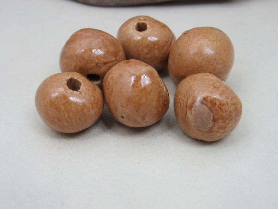6 Medium Sand Brown Glazed Clay Beads
