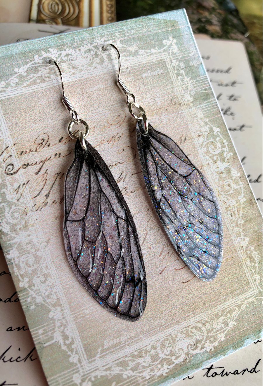 Black Veined Sterling Silver Fairy Wing Earrings