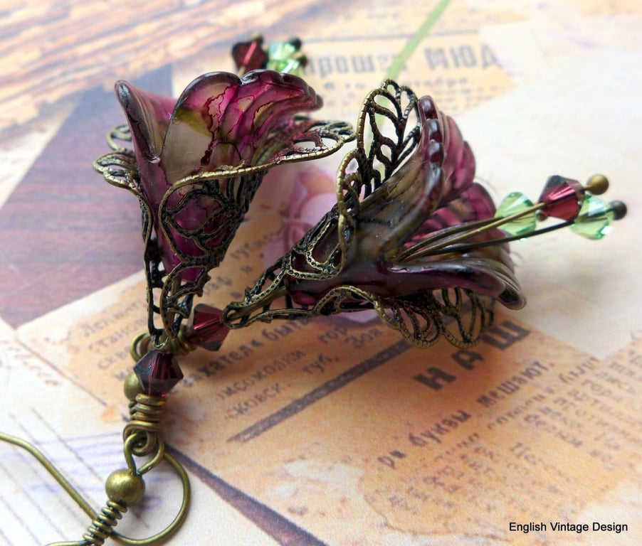 Mulberry Red Hand Painted Lucite Lily Flower Earrings, Boho Dangle Vintage Style