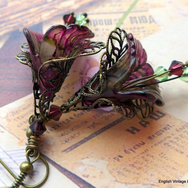 Mulberry Red Hand Painted Lucite Lily Flower Earrings, Boho Dangle Vintage Style