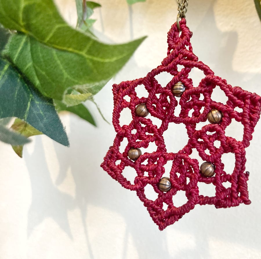 Christmas Tree Decoration, macrame snowflake, BURGUNDY, inc free UK delivery