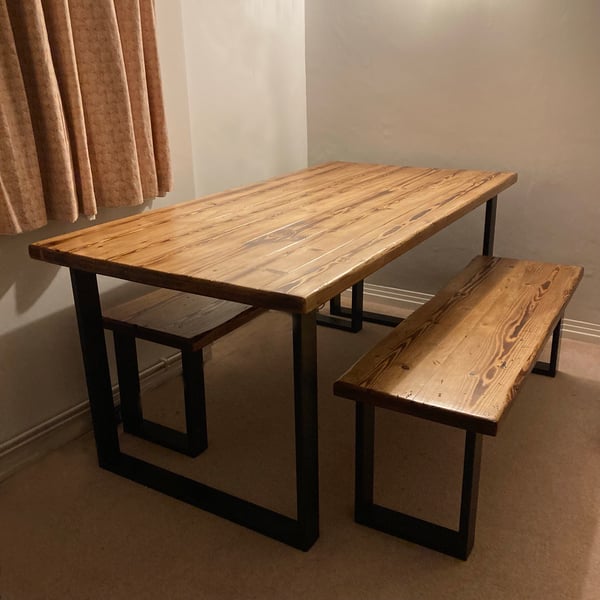 Industrial Style Wooden Dining Table with Two Matching Benches