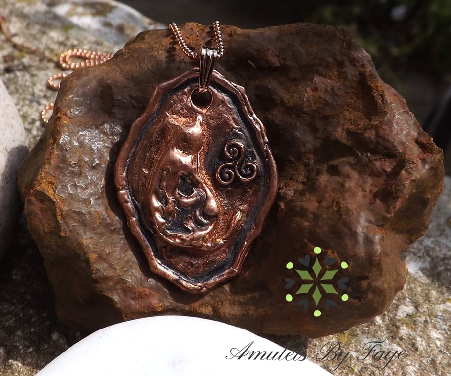 Recycled Copper Cat on Picture Frame Pendant with Triple Spiral, Necklace.