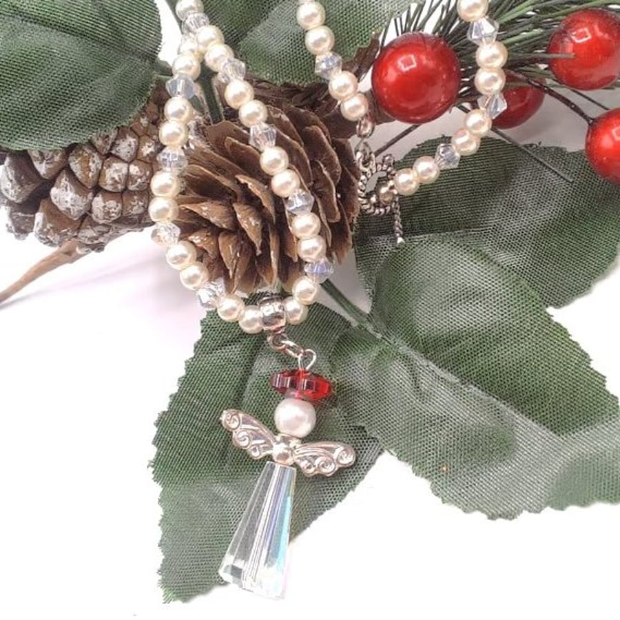 Beaded Christmas Angel Pendant on a Pearl & Crystal Necklace, Xmas Gift 