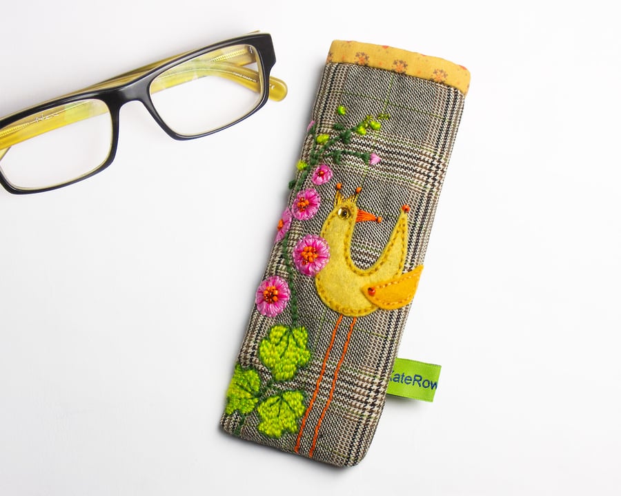 Brown check glasses case with bird and hollyhock embroidery