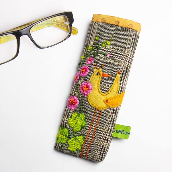 Brown check glasses case with bird and hollyhock embroidery