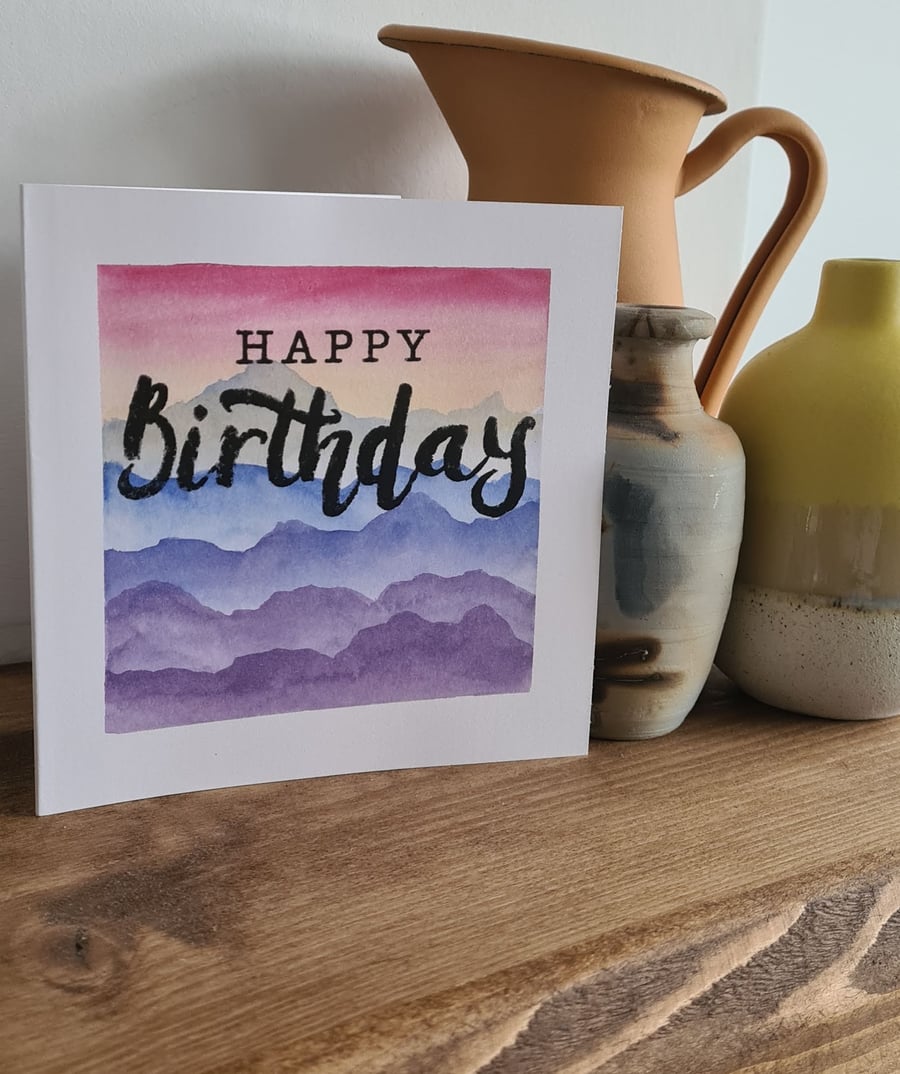 Watercolour mountains sunset birthday card