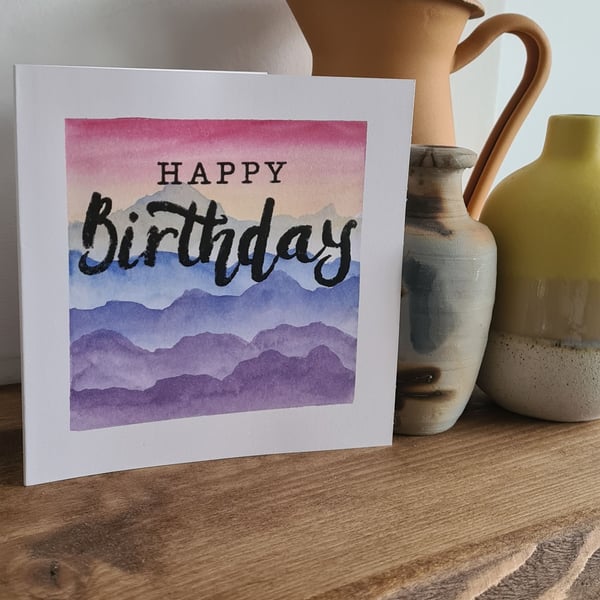 Watercolour mountains sunset birthday card