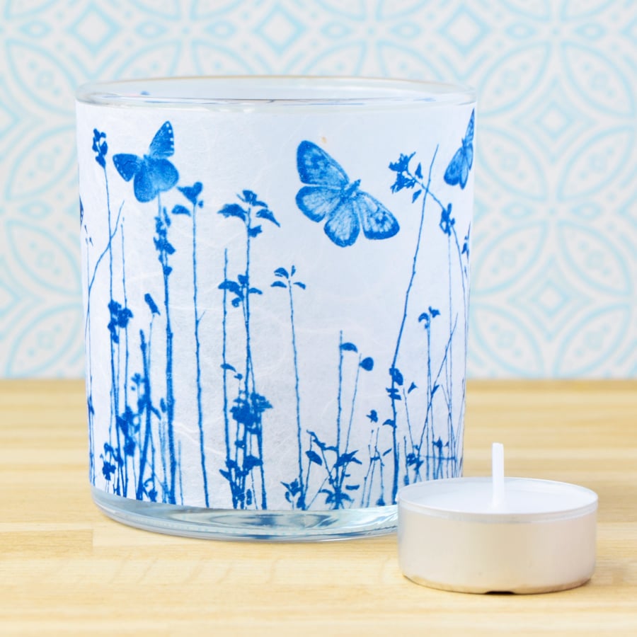 Butterfly Meadow Cyanotype candle holder white & blue Seconds Sunday