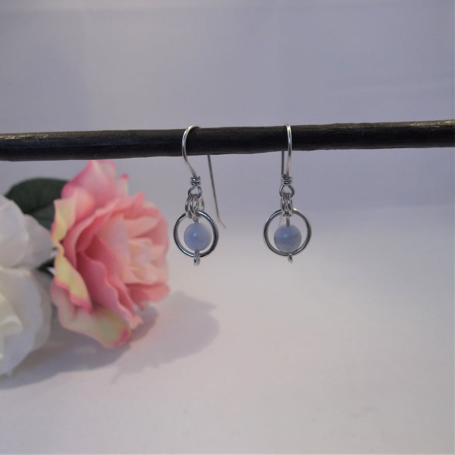 Blue lace agate gemstone dangle earrings bead in ring of recycled silver