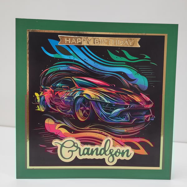 Happy Birthday Grandson Sports Car Card – Modern Kids or Teen Boy Birthday Card