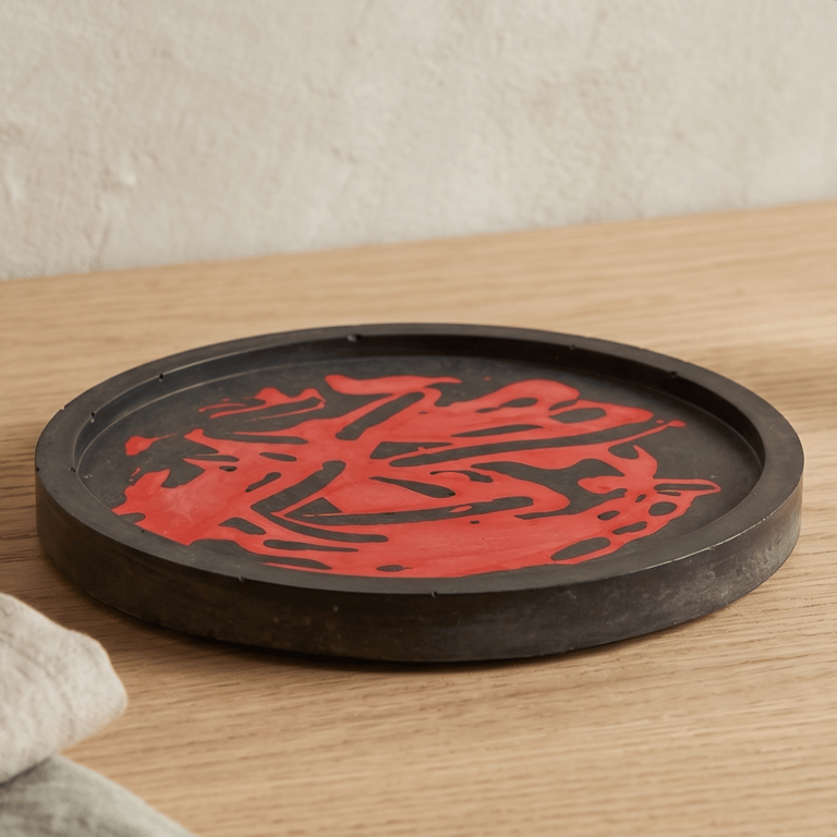 Black and Red Round Jewellery Tray with Abstract Design
