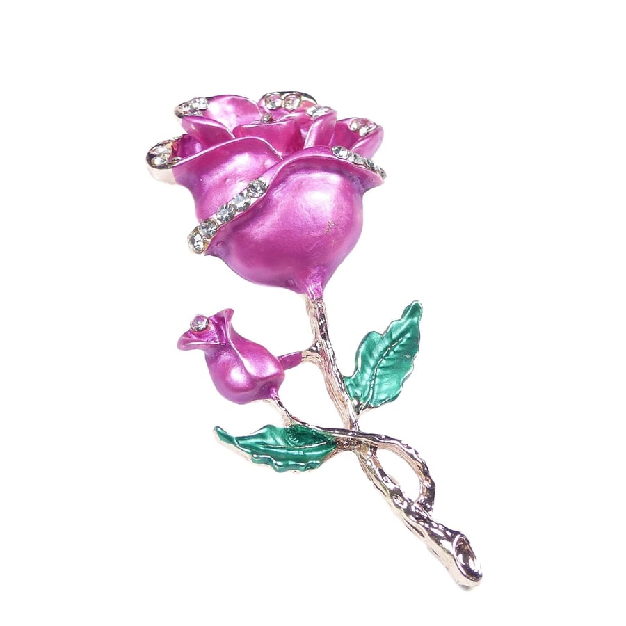 Pink Diamante Rose Brooch Pin Rose Gold Colour with Grade A Diamante Rhinestone 