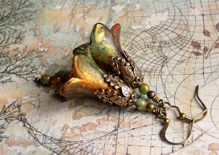 Green and Gold "When Autumn Leaves Start to Fall" Hand Painted Flower Earrings