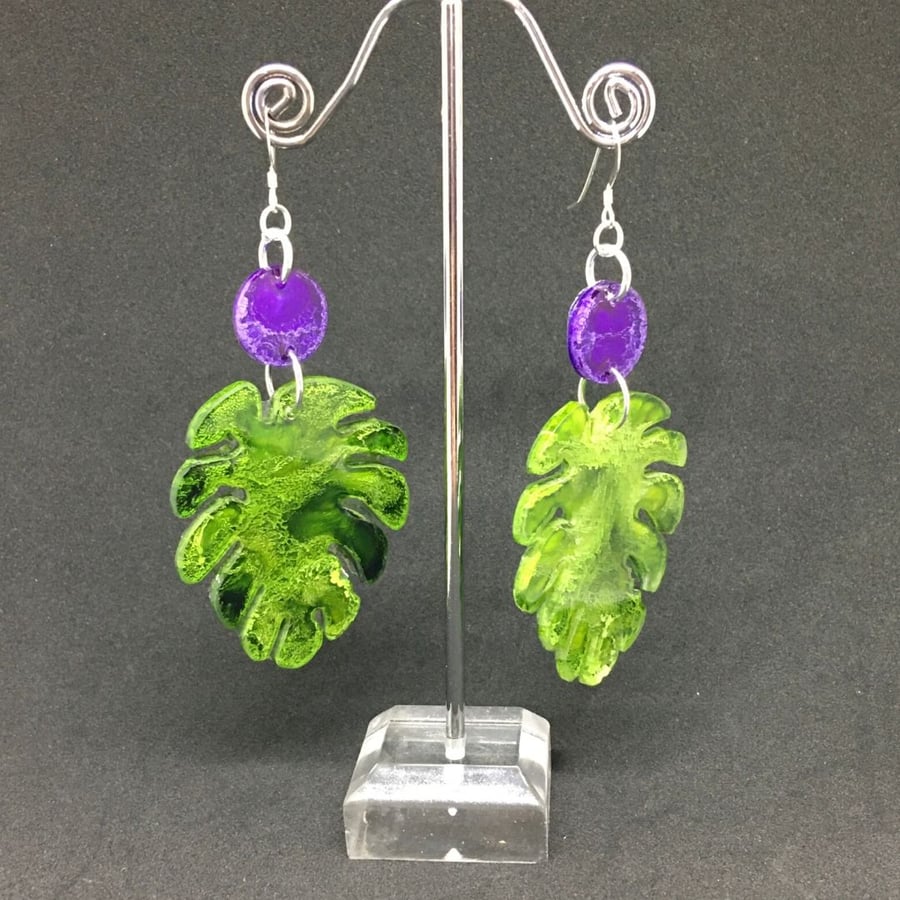 Leaf dangle statement earrings green and purple, Sterling silver.