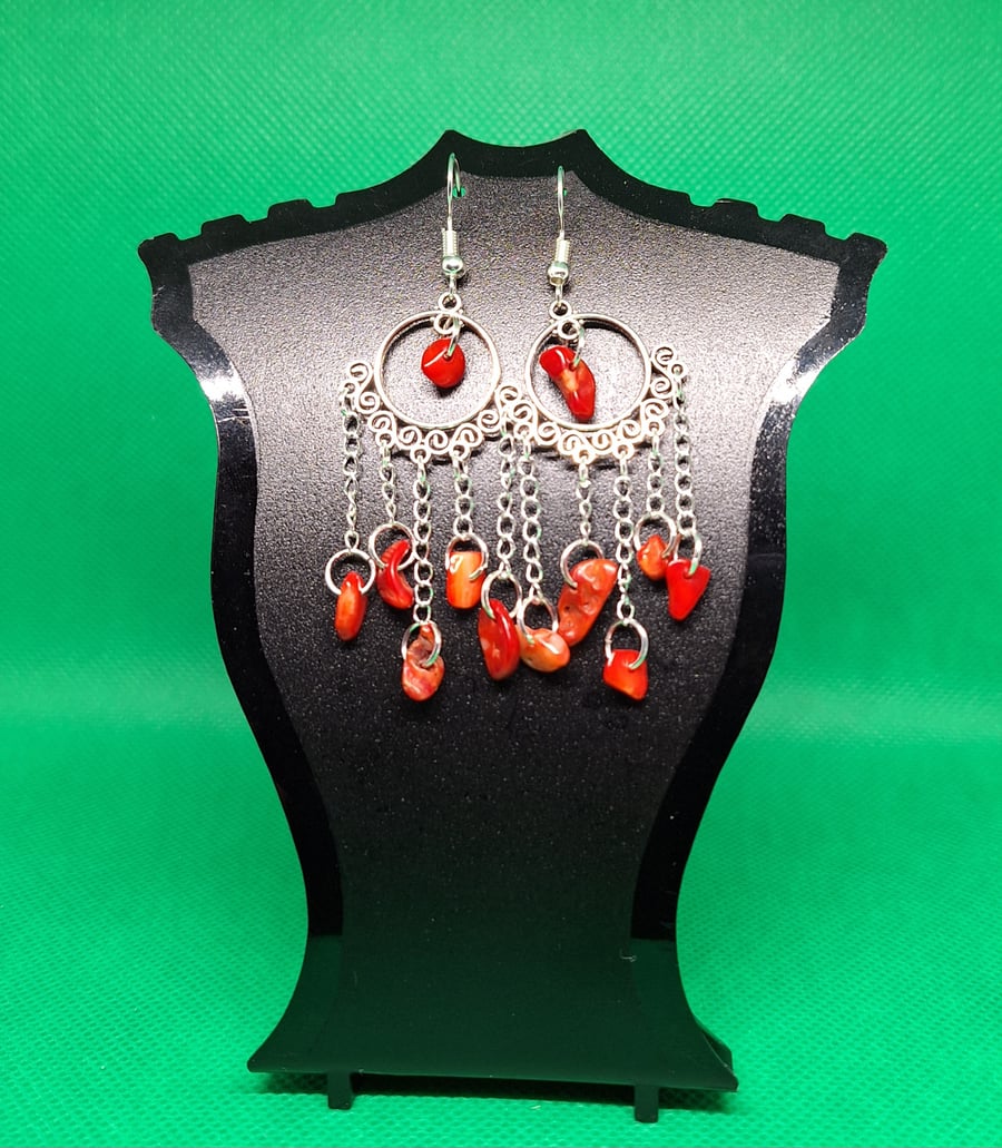 Boho style, red coral gem chip earrings