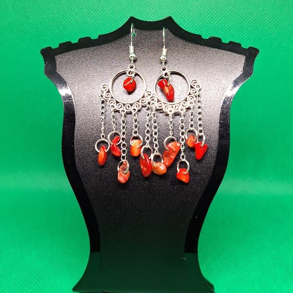 Boho style, red coral gem chip earrings