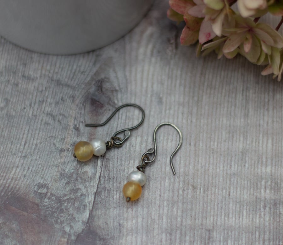 Freshwater pearl and yellow quartz Sterling silver drop earrings, gift for her