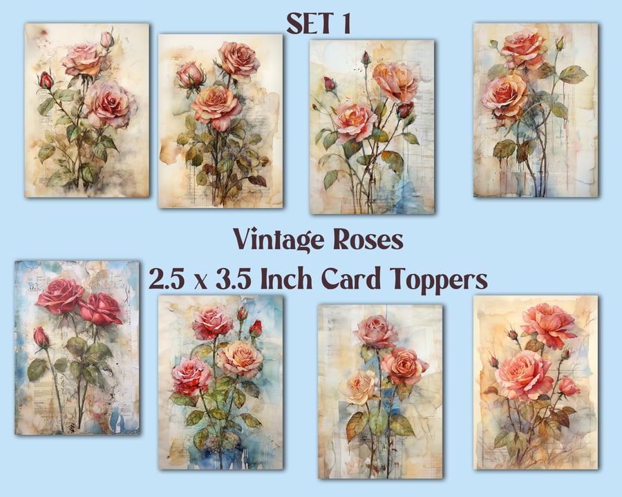 Vintage Roses Set of 8 Aceo Size Card Toppers for Card Making & Journals etc